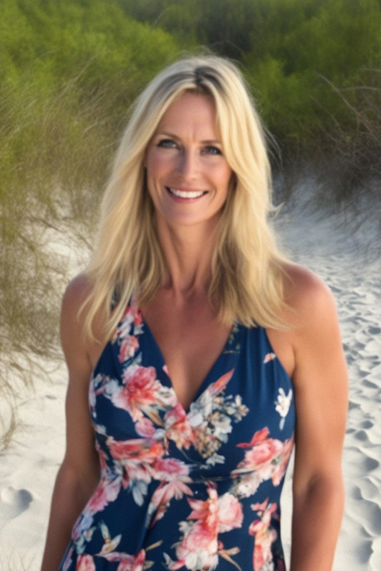 Lisa Pearl wearing a blue sundress at the beach.